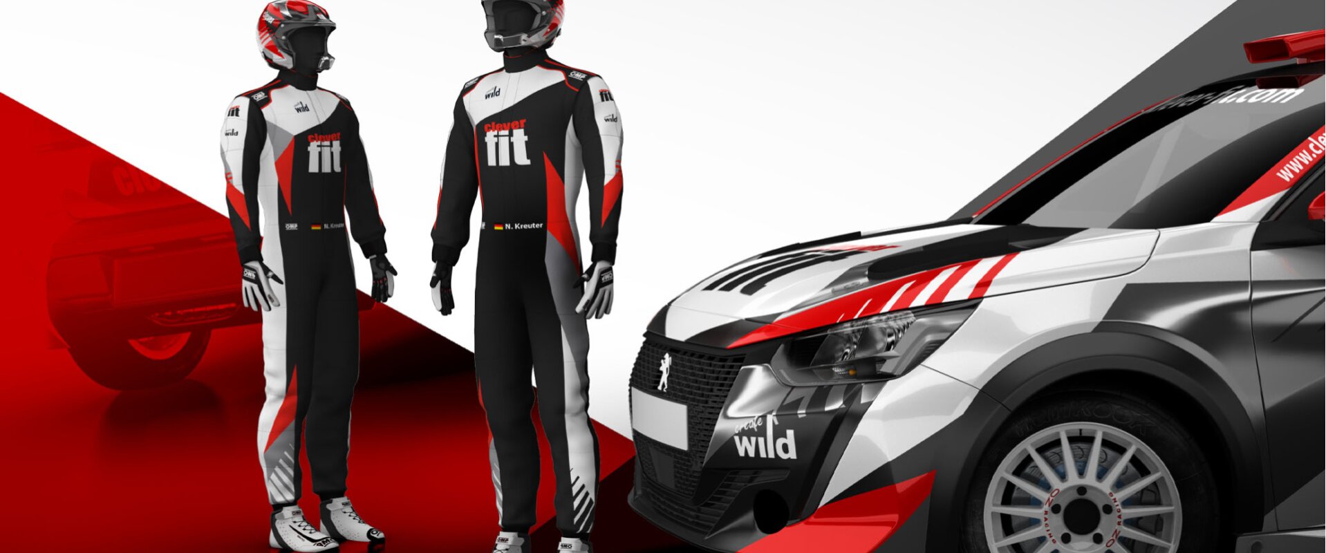 black, white and red color design motorsport suit